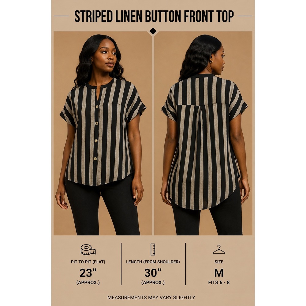 Avenue Striped Linen Blend Button Down Shirt Black Tan Plus Size 14/16 Short Slv